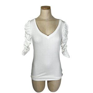 Gap women's shirt S white rib tee v neck ruched sleeves